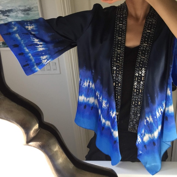 Blue Tie Dye Beaded Silk Kimono Cardigan - Picture 4 of 8
